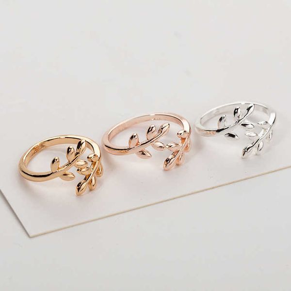 Solitär-Ring-Charms, zwei Farben, Olivenbaumzweig, Blätter offen, für Frauen, Mädchen, Hochzeit, verstellbarer Knöchel-Finger-Schmuck Y2302