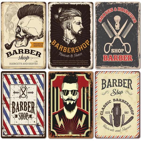 Classic Barber Shop Metal Painting Hairing Vintage Haircuts and Shaves Sinais de lata Placas de metal para bar da sala de bares Decoração de parede 20cmx30cm woo