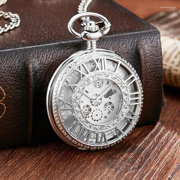 Taschenuhrs Vintage Silver Mechanical Uhr mit Kette einzigartige römische Ziffern hohl Skulpturen Handwindmänner