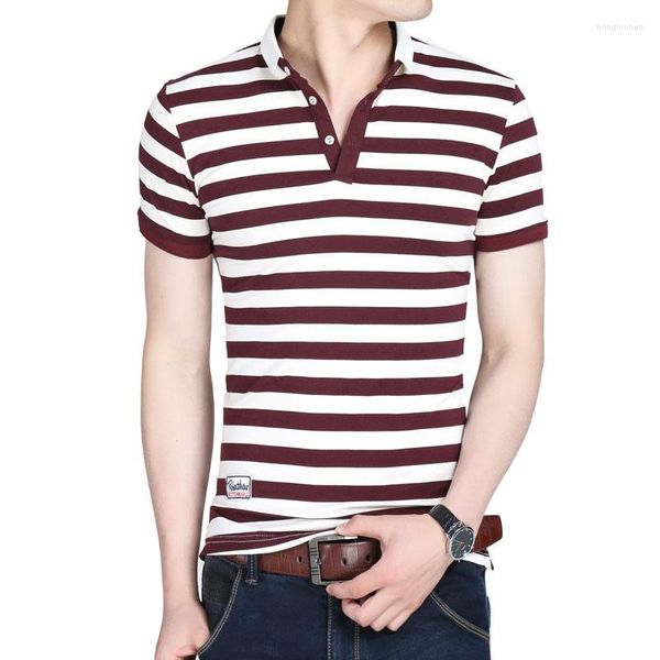 Camisetas masculinas de camiseta de decote em V masculino de algodão curto de algodão listrado