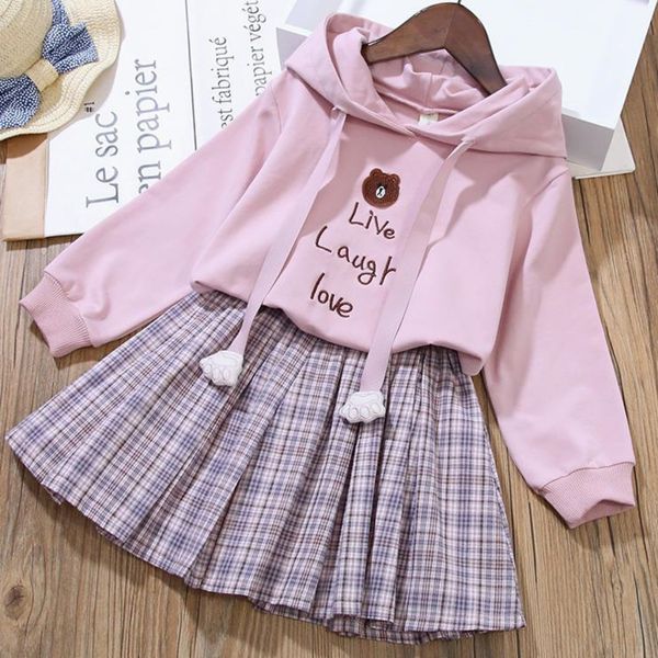 Set di abbigliamento Primavera Autunno Ragazze Gonna Completo per bambini Maglione Abbigliamento Bambino con cappuccio Manica lunga Casual Tunica corta 230203