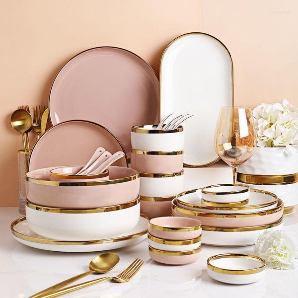 Hochwertige Teller in Weiß und Rosa mit Goldeinlage, Teller-Set, Abendessen-Tablett, Keramik-Geschirr-Set, Salatschüssel, Porzellan-Geschirr