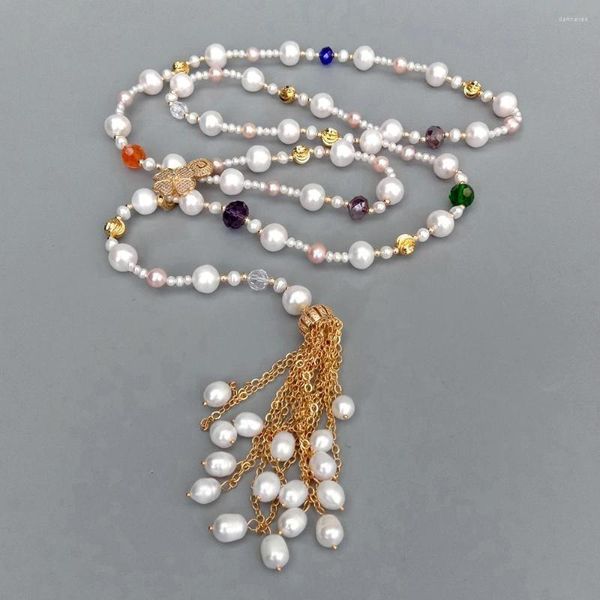 Цепи yygem Natural Cultured White Pearl Long Multi -Clort Crystal Tassels Свитер -колье 41 «Женские пряди подарки