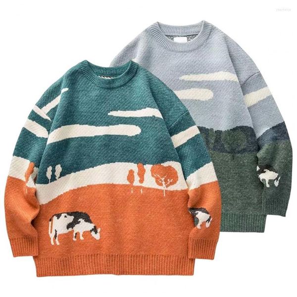 Felpe con cappuccio da uomo Maglione invernale da uomo Maniche lunghe morbide Girocollo Modello di pittura a olio Pullover Mantieni caldo Mucche casual Prateria Comodo Sw