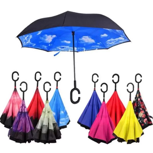 antivento anti-ombrello pieghevole a doppio strato ombrello rovesciato antipioggia antipioggia tipo C gancio a mano Nuovo