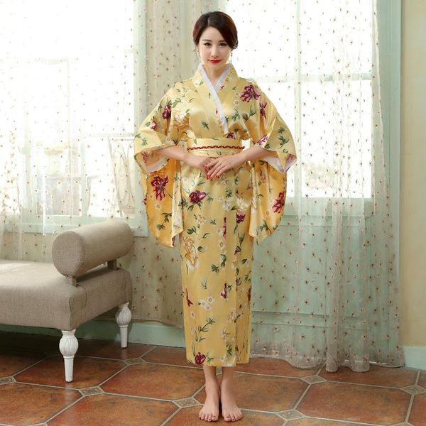 Abbigliamento etnico Kimono giapponese Retro Fiore stampato Panno da donna per la casa Semplice camicia da notte a maniche lunghe naturale Geisha Performance Yukata Dres