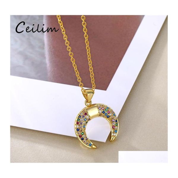 Collane con ciondolo Crescent Moon Rainbow Cz Collana per donna Oro a catena lunga Zircon Design Gioielli Regalo Drop Delivery Pendenti Ot4Yt