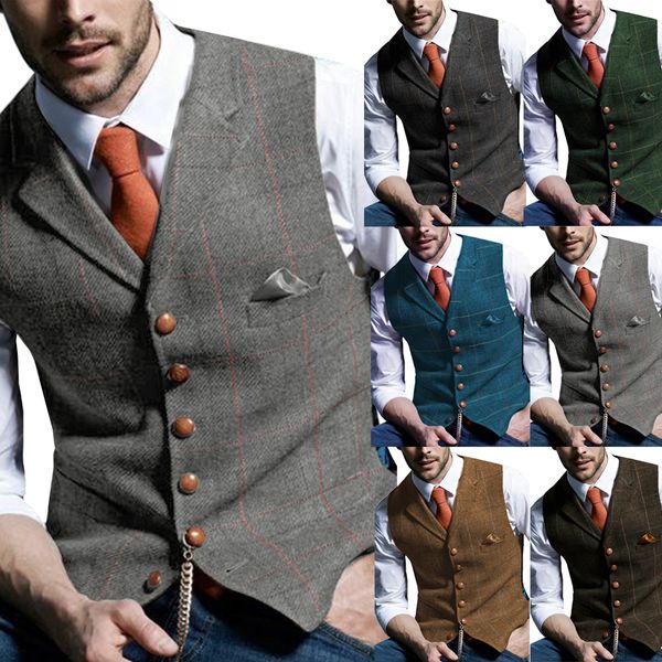 Coletes masculinos cinza casual cavalheiro exército verde colete xadrez jaqueta de lã macia tweed colete de negócios para homem festa de casamento 230203