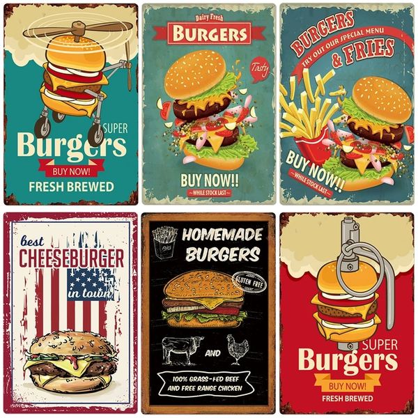 Hamburger Metal Boyama Plak Vintage Burger ve Fries Metal Plaka Poster Mutfak Restoran Dükkanı Duvar Dekor 20cmx30cm Woo