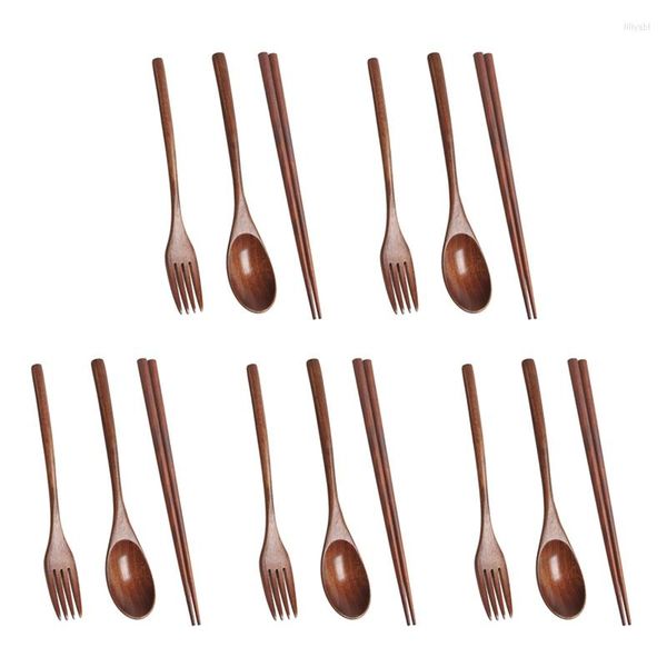 Geschirr-Sets 5x Holzbesteck-Set Tragbares, umweltfreundliches, wiederverwendbares Besteck, Utensilien, Löffel, Gabel, Essstäbchen für Camping-Mittagessen