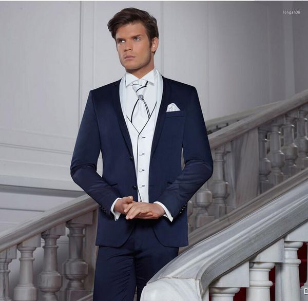 Ternos masculinos mais recente casaco de calça design marinho azul italiano masculino mano slim fit 3 peças Tuxedo Blazer Groom Prom Masculino Terno Masculino