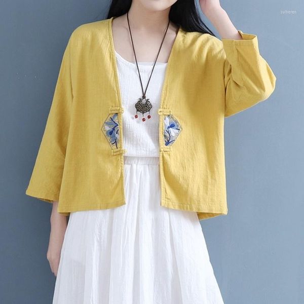 Roupas étnicas estilo chinês Blusa 2023 Camisa amarela Qipao Top algodão on -line loja feminina roupas asiáticas 10065