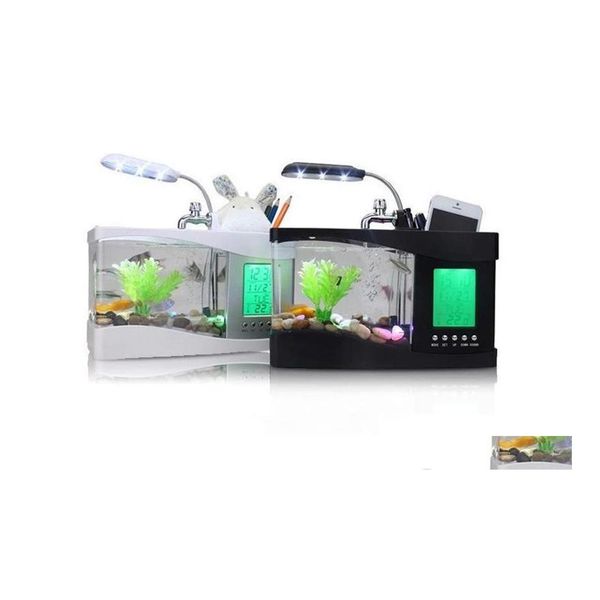 Nachtlichter Mini USB LCD Desktop Lampe Licht Aquarium Mtifonction Aquarium Led Uhr Weiß/Schwarz Valentinstag Weihnachten Tage Geschenk Drop Dhqt1