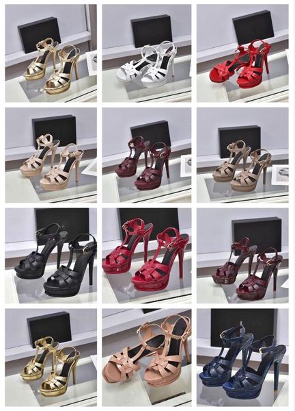 Größe 35-43 Elegant Designer Sandalen Tribute Schuhe Patent weiche Lederplattform High Heel Stiletto Sandalen 10 cm 12 cm 14 cm T-Strap Lady Pumps mit Schachtel