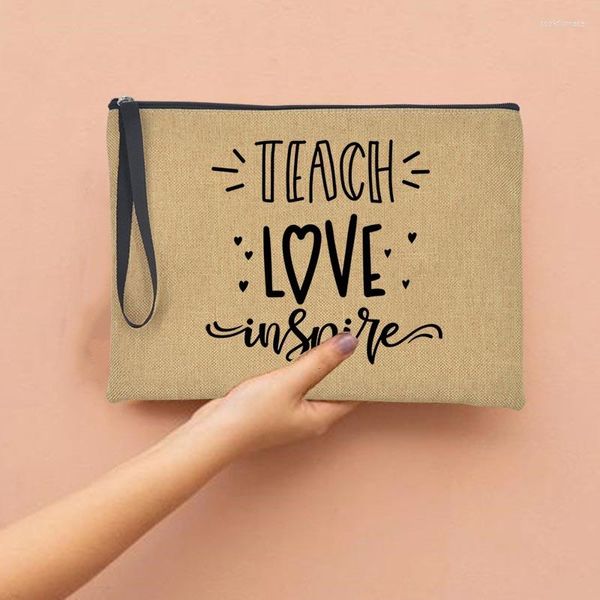 Borse portaoggetti Teacher Love Inspire Cosmetic Travel Makeup Case Shopping Purse Totes Coin Key Pouch School Pencil Bag Regali