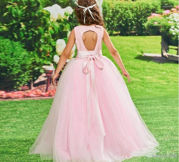 Vestidos de menina vestido de flor de tule rosa simples com fita fechador de fita traseiro comprimento de garotas vestidos de concurso vestido de noiva de crianças sem mangas