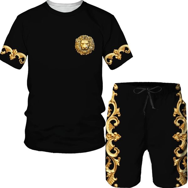 Tute da uomo Summer 3D Golden Pattern Testa di leone stampato T-shirt da uomo Pantaloncini Tuta da uomo casual oversize Tuta sportiva Trend Set da 2 pezzi 230204