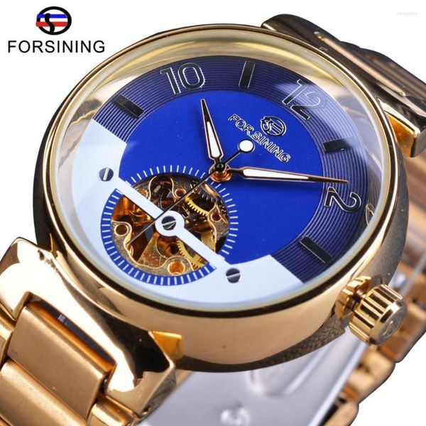 Armbanduhren Forsining Ocean Luxus Zifferblatt Design Kleine Skelettanzeige Goldene Edelstahl Herren Automatikuhren Top-Markenuhr