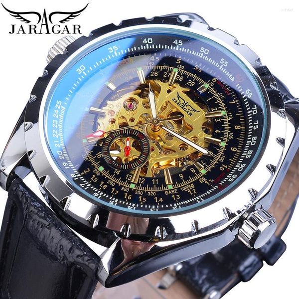Нарученные часы Jaragar Black Golden Business Mens Watch Skeleton Автоматическая самостоятельная спортивная кожаная кожа Relogio Relogio