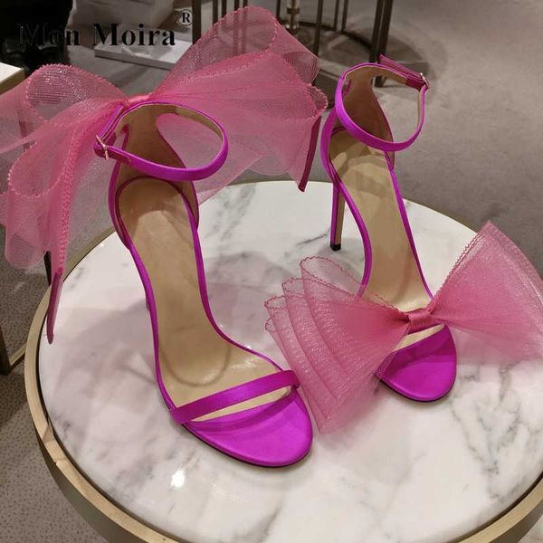 Sapatos sociais MONMOIRA tamanho 42 rosa tule laço salto alto sandálias de tiras femininas 2022 verão elegante senhora festa baile de formatura nupcial sapatos de casamento G230130