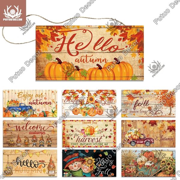 Decor Benvenuto Autunno Legno Metallo Targa in metallo Zucca Ciao Autunno Targa in legno Pastorale Giardino Piastra appesa in legno Cortile Decorazione della casa da parete w01