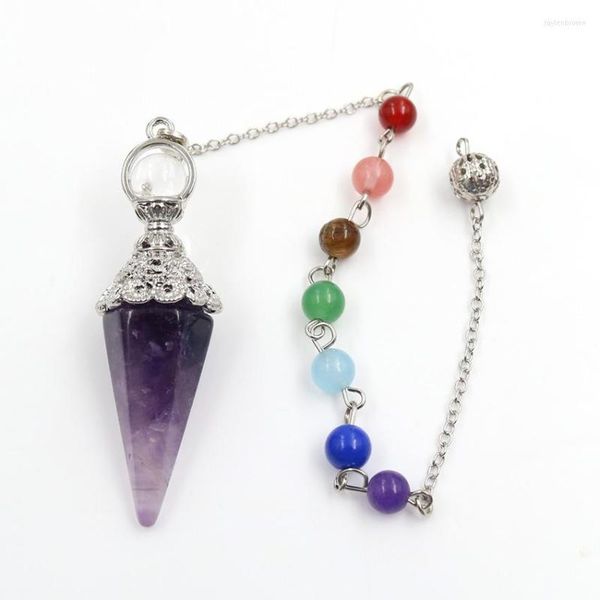 Anhänger Halsketten versilbert Sechseck Pyramide Amethyst Stein mit Perlen Kette Heilung Chakra Bergkristall Schmuck