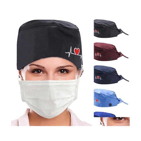 Beanie/Kafatası Kapakları Nakış Beanie Kalp Şekli Pamuk Ayarlanabilir Hemşire Cerrahi Kadınlar Veteriner Evcil Hayvan Dükkanı Ovma Şapka Diş Hekimi Dustpro OTIW7