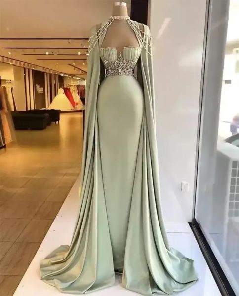 Eleganti abiti da sera a sirena con mantello staccabile con perline di cristallo Abiti da ballo formali Custom Made Plus Size Abiti da spettacolo Abiti da festa Robe de mariee 2023 BC14868