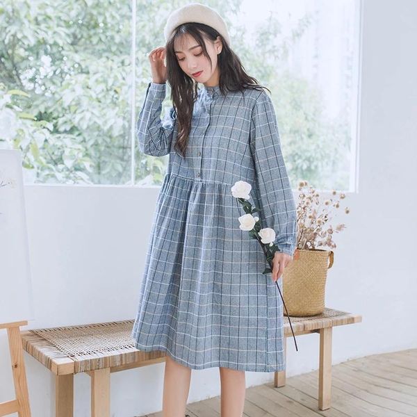 Mutterschaft Kleider Frühling Casual Plaid Baumwolle Kleid Lange Ärmel Lose Kleidung Für Schwangere Frauen Süße Koreanische Mode Schwangerschaft