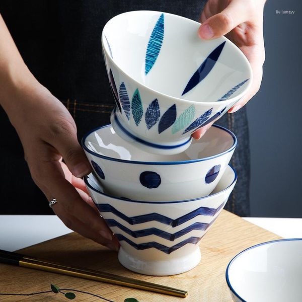 Piatti di stoviglie in ceramica set di boccette per cappello a piede per la tromba ramen zuppa blu