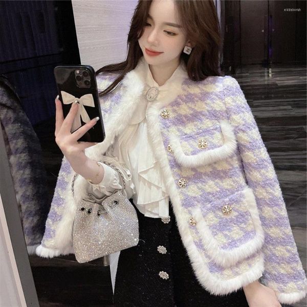 Jaquetas femininas Casaco de inverno para mulheres Purple Mink Hair Splice Jaqueta de outono 2023 Doces de lã xadrez de tweed de tweed ladras acolchoadas quente