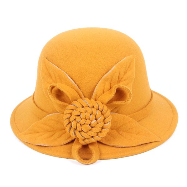 Chapéus de aba de inverno fedora chapéu mulheres sentidas lã 2023 Design de flores mulheres fedoras senhoras elegantes jogador amarelo preto preto cinza cinza