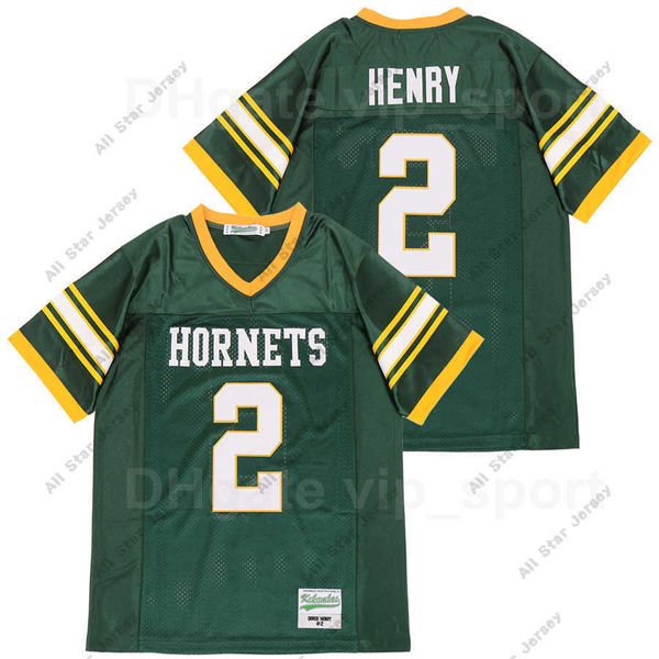 American College Football Wear Yulee Hornets 2 Derrick Henry High School Football-Trikot für Herren, reine Baumwolle, Sport, grün, Teamfarbe, atmungsaktiv, Stickerei und Nähen auf S