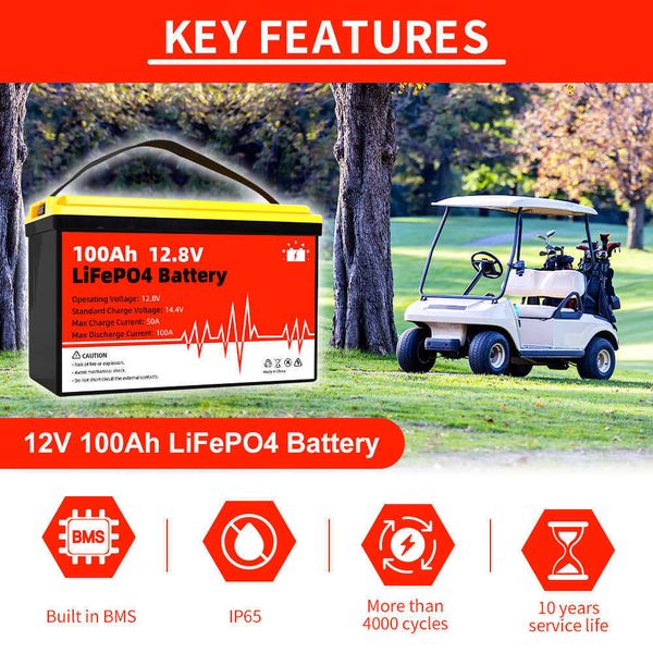 Brandneuer Lifepo4-Akku mit integriertem BMS, 12 V, 100 Ah, wiederaufladbare Lithium-Eisenphosphat-Solarzelle für Golfwagen, Wohnmobile, Elektrofahrzeuge