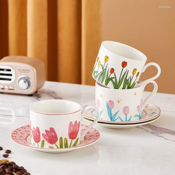 Tazze Piattini Coreano Fresco Rosa Giallo Viola Tulipano Caffè In Ceramica E Home Office Party Stoviglie Per La Festa Bella Tazza Da Tè Set