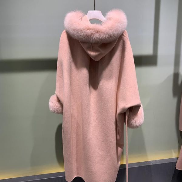 Cappotto da donna in pelliccia sintetica da donna Cappotto con cappuccio naturale Scialli in vero cashmere Cappotti di lana Mantelle Soprabito Stile ampio Taglie forti Pelliccia femminileDonna W