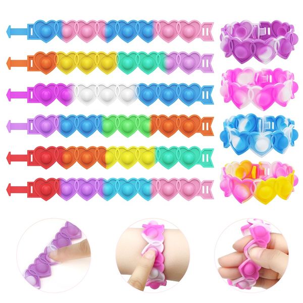 DHL Fidget Toys Heart Bracelets Multicolord Hearts Silicone for Kids Adultos Dia dos Namorados Presentes Favorias Favorias Escolares Autism Toys