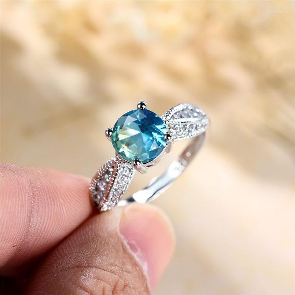 Anéis de casamento Anel de noivado de zircão verde azul Anel de cristal de luxo redondo de pedra prata de prata para homens jóias