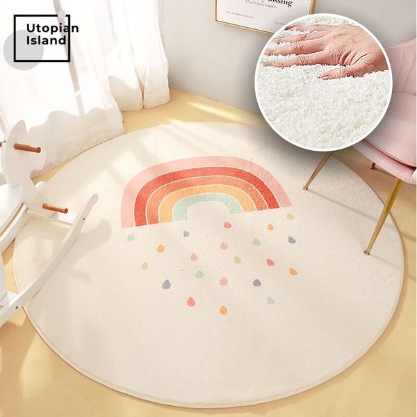 Carpet Rainbow Round Round Modern Living Room Fluffy Rug Furry tapete para crianças Baby Bedroom Home S Kids Pur 230204