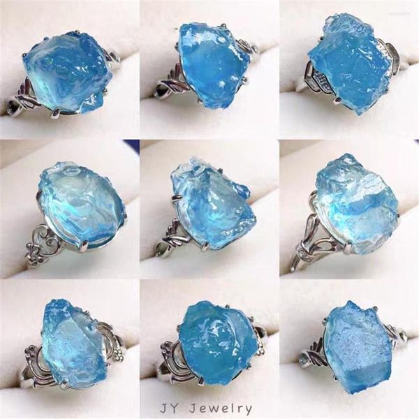 Cluster Ringe Natürlicher ozeanblauer Aquamarin-Stein-Ring-Schmuck für Frau Mann Kristall-Edelstein 15x10mm Perlen Silber verstellbar