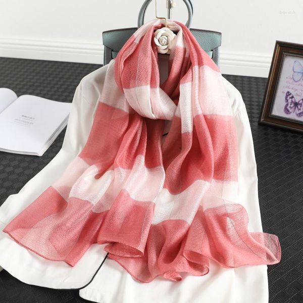 Schals Kostenloser echter Seidenwollschal für Frauen 2023 Winterschals Hijab Wraps Pashmina Bandana Poncho Streifen