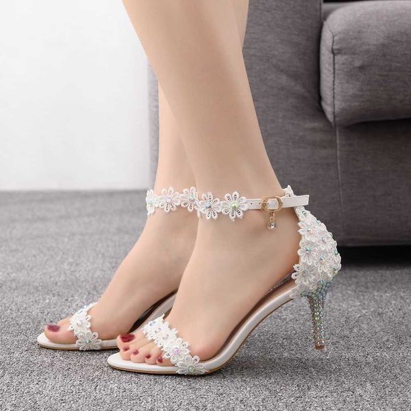 Vestido branco de cristal salto alto renda na noiva, princesas, sapatos de festa de casamento mulheres 5cm 7cm 9cm 11cm Sandálias de tira do tornozelo Mulher H0004 G230130