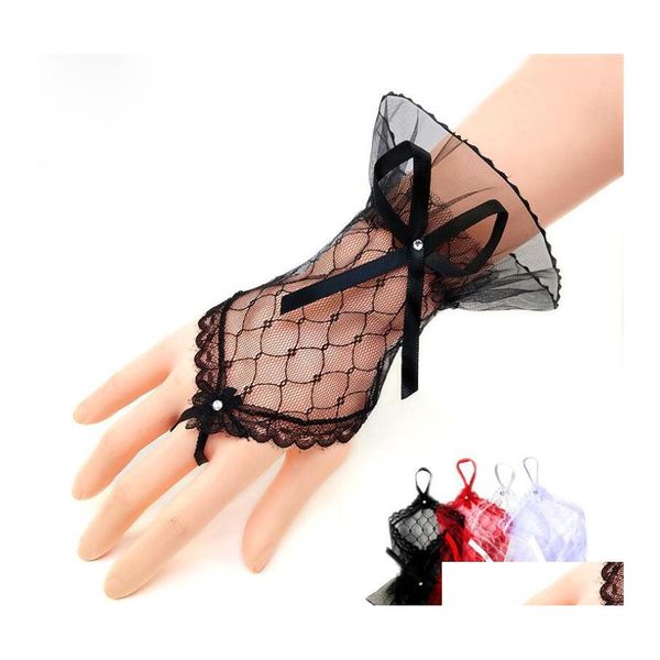 Guanti senza dita Alla moda Bianco Nero Rosso Colore Sposa Festa Sexy Pizzo Fiocco corto Guanto per le donne Consegna di goccia Accessori moda Cappello Otp4E