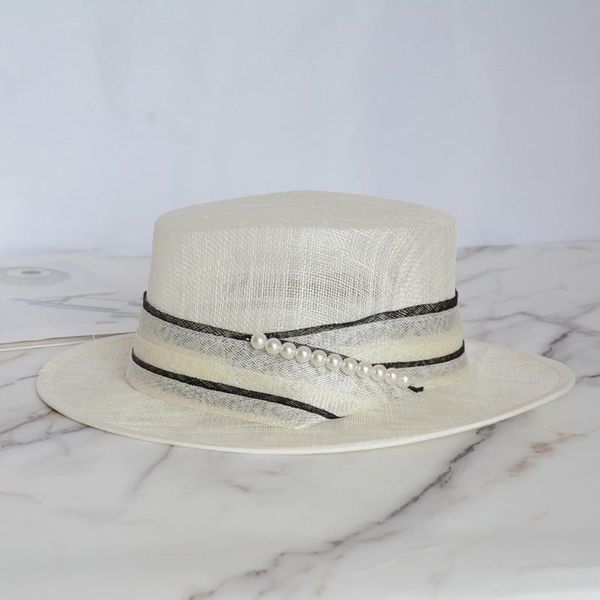 Cappelli a tesa avara 202305-hq-369001 Cappellino fedora da donna con nastro di perle estive Cappellino da donna Panama Jazz per il tempo libero