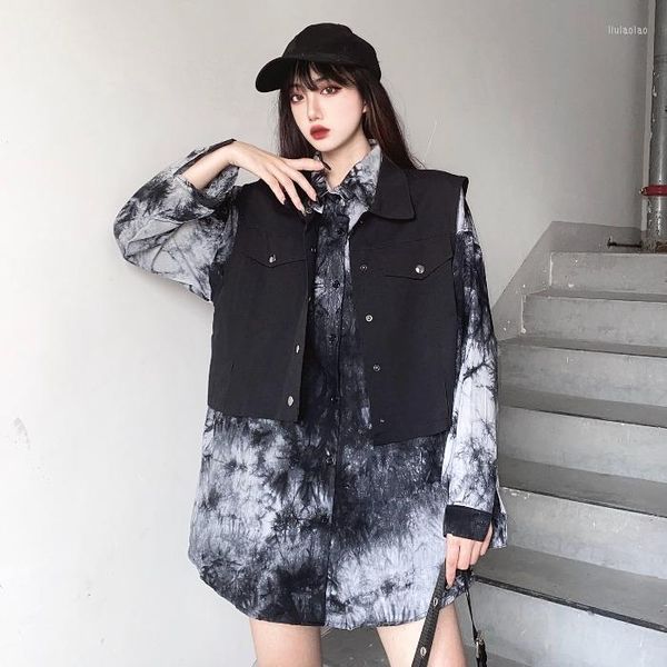 Frauenblusen dunkel schwarzer loser Anzug für Männer und Frauen Bluse Harajuku Krawatte Dye Vintage Langarmweste Unisex Streetwear