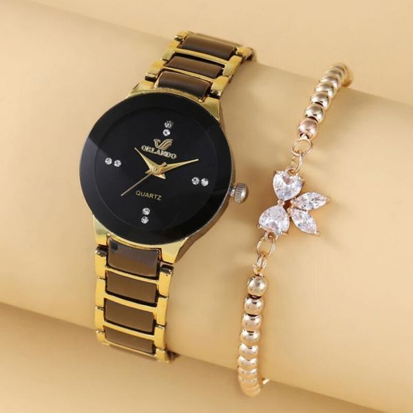 Armbanduhren verkaufen sich wie Kuchen Edelstahl Damen Quarzuhren und Armband-Set Gold Schwarz Armbanduhr Relojes SaatArmbanduhren Armbanduhr
