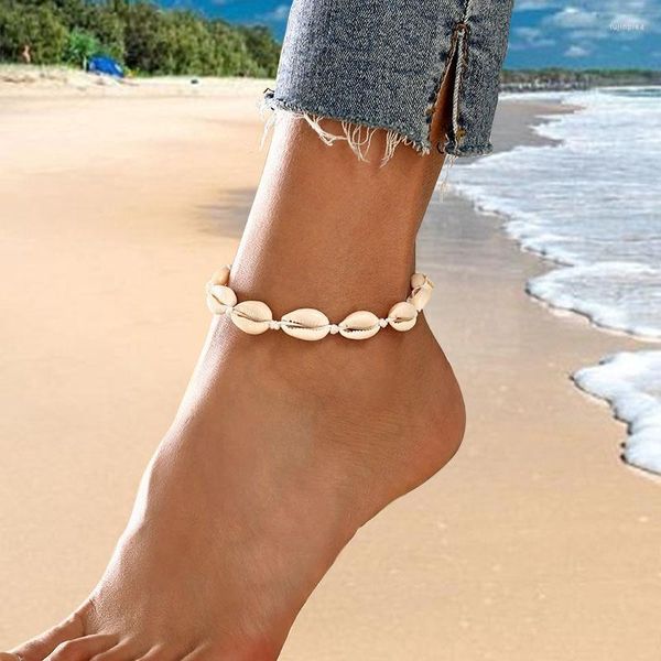 Cavigliere Conchiglie intrecciate in filo di cera fatto a mano Cavigliera con bracciale regolabile per donna Sandali da spiaggia estivi Cinturino alla caviglia Accessori bohémien