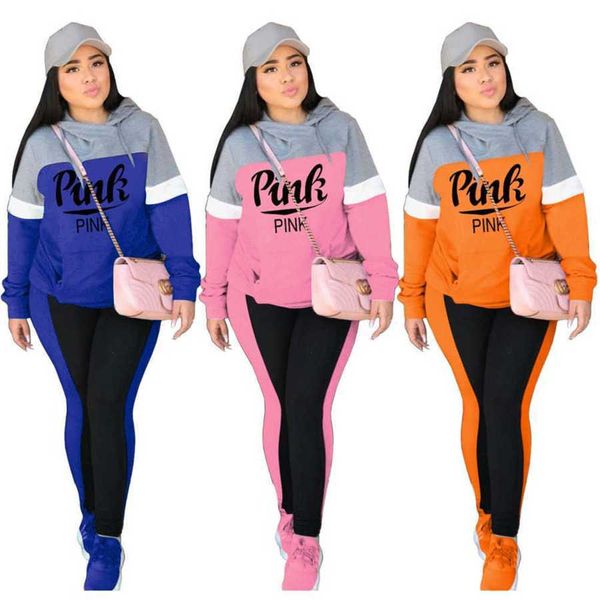 S-XXXL Tute da donna Due pezzi Set Designer Lettera Stampa Color Block Splicing Maglione con cappuccio Leggings Moda donna Abiti casual 3 colori