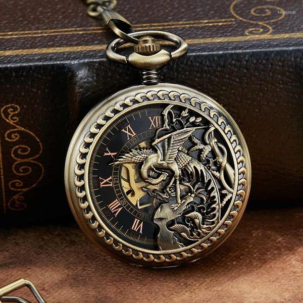 Orologi da tasca Orologio meccanico con scultura di drago fenice, cavo in bronzo, orologio meccanico, simbolo della fortuna retrò, scheletro romano