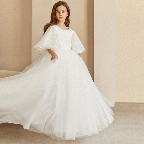Mädchen Kleider Eine Linie Weiße Blume Puffy Tüll Bodenlangen Mit Applikationen 2023 Frühling Kind Hochzeit Kleid Vestidos De N